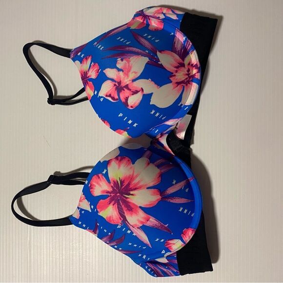 Victoria's Secret PINK wear everywhere Push up Bra blue tropical floral 32D - Picture 3 of 14